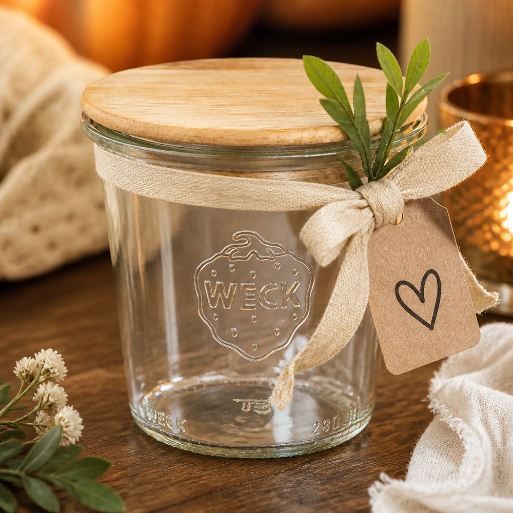 Bicchieri alti da 290 ml WECK RR80 con coperchio in legno Bicchieri WECK 290ml RR80 con coperchio in bambù e etichetta regalo come decorazione con erbe e nastro in tessuto