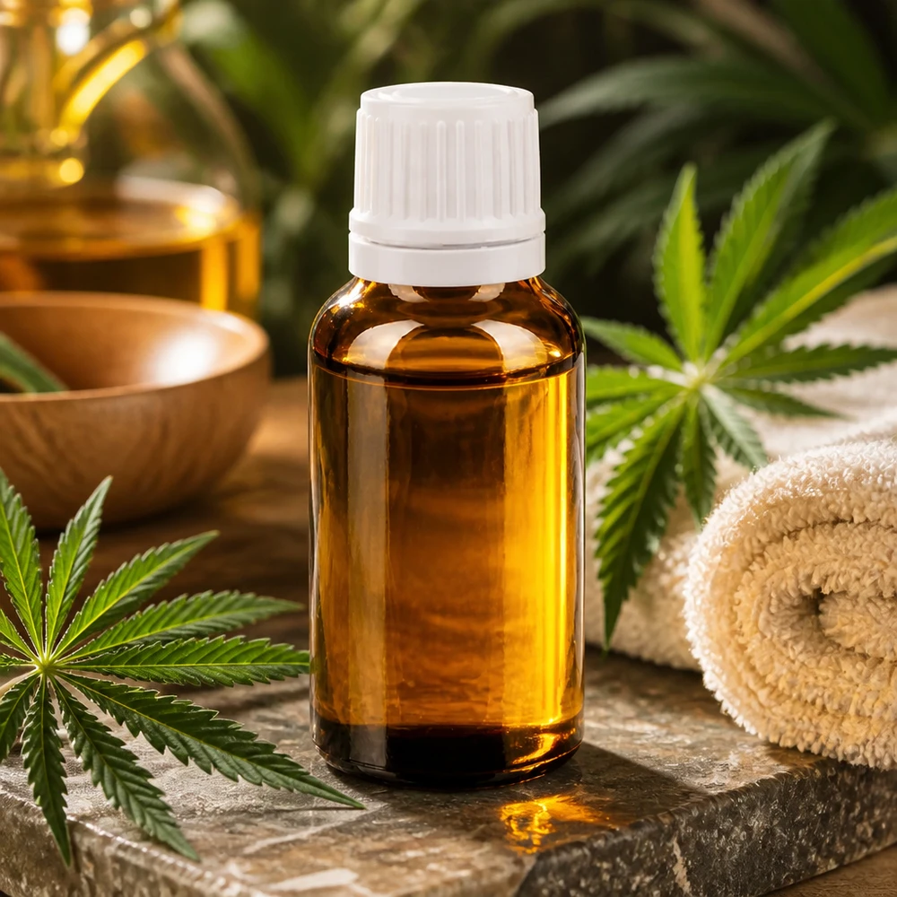 Flacone da 20 ml di olio al CBD in vetro ambrato con tappo di sicurezza per bambini bianco e foglie di cannabis