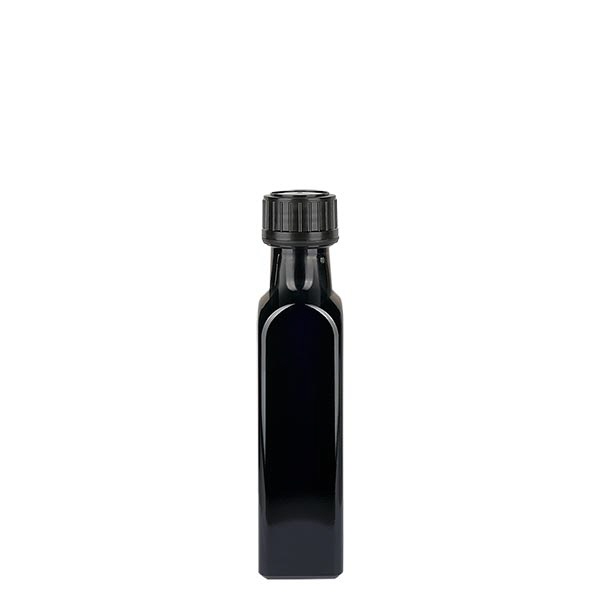 Bottiglia olio in vetro viola 250ml quadrata, con tappo a vite Bottiglia olio in vetro viola 250ml quadrata, con tappo a vite