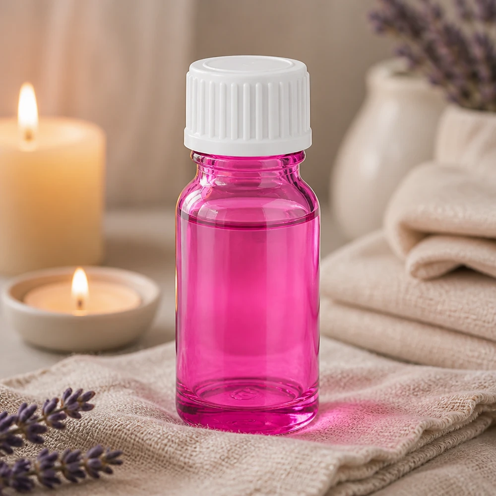 Flacone da 10 ml (globulo). Anello di versamento da 3 mm bianco standard PurpleLine. UT18/10 Elegante flacone in vetro di design da 10 ml nei colori delle bacche con tappo a vite ergonomico