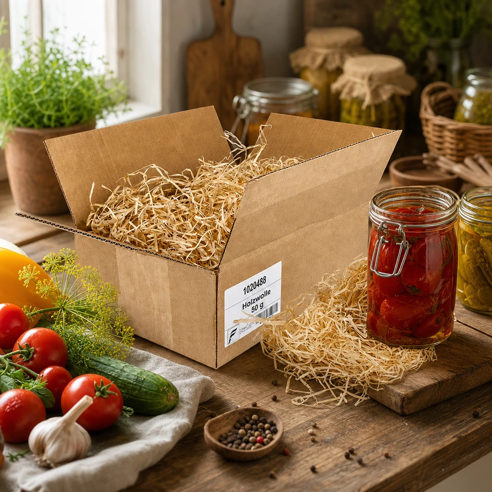 Materiale di riempimento in lana di legno 50g per la cucina rustica con vasi da conserva e verdure fresche come protezione dell'imballaggio