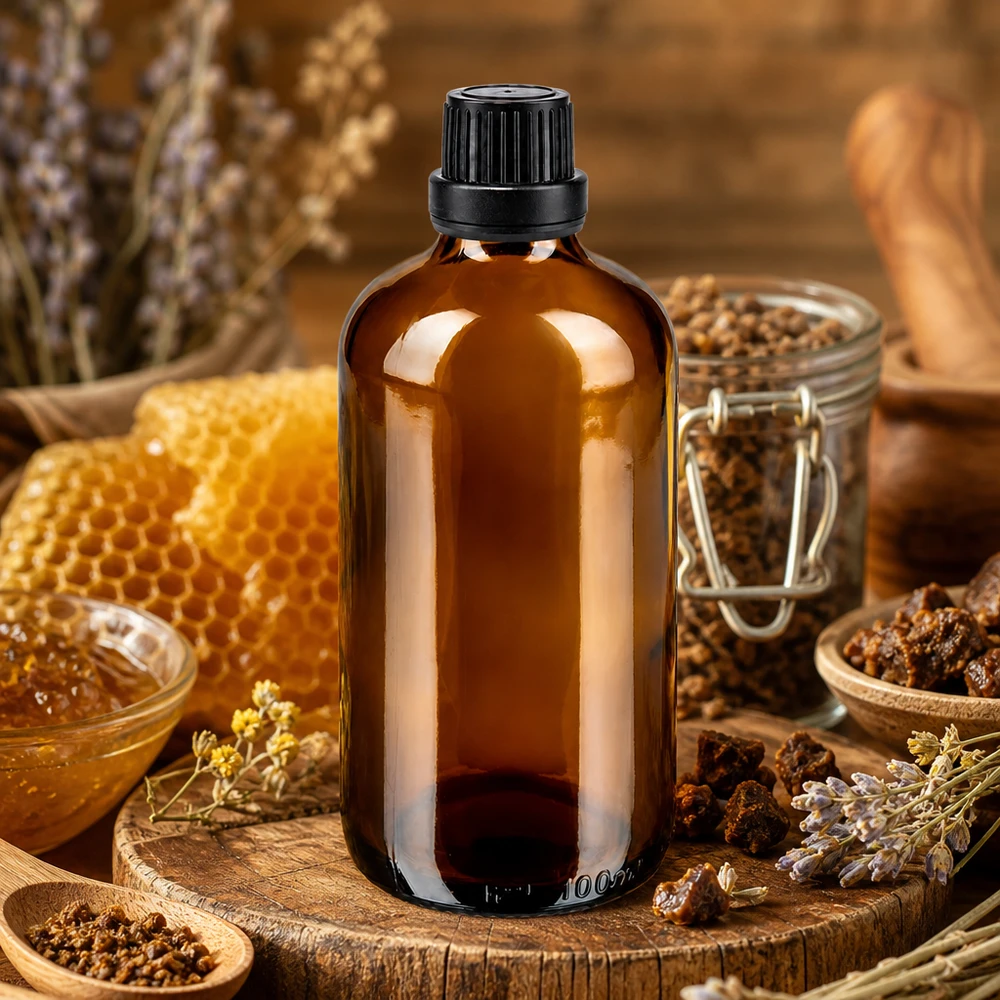 Bottiglia da farmacia marrone da 100 ml. SV OV nero/11mm ApoGlas Flacone da farmacia marrone in vetro da 100 ml con tappo a vite nero da 11 mm accanto a un motivo a nido d'ape