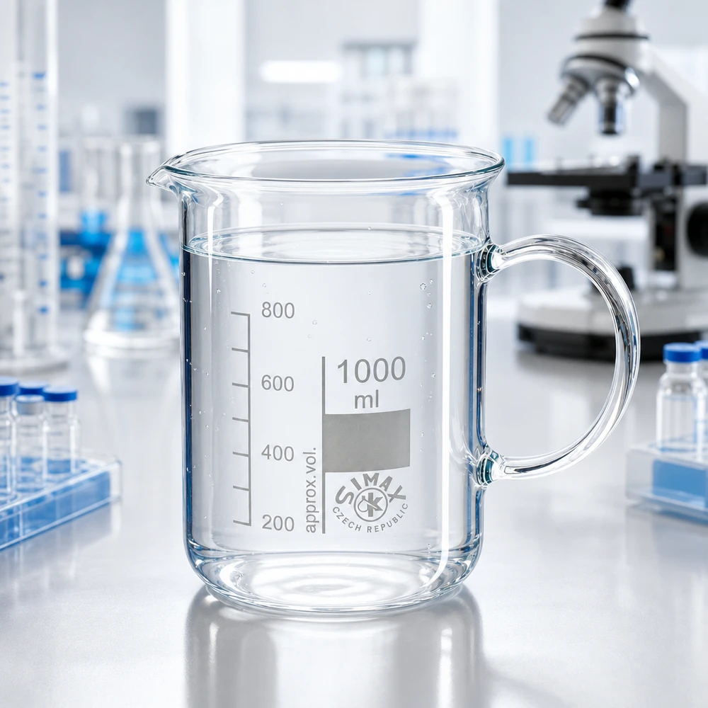 Bicchiere da 1000 ml in vetro borosilicato, con impugnatura Bicchiere di vetro trasparente da 1000 ml con manico, pieno d’acqua, su un piano di lavoro bianco da laboratorio
