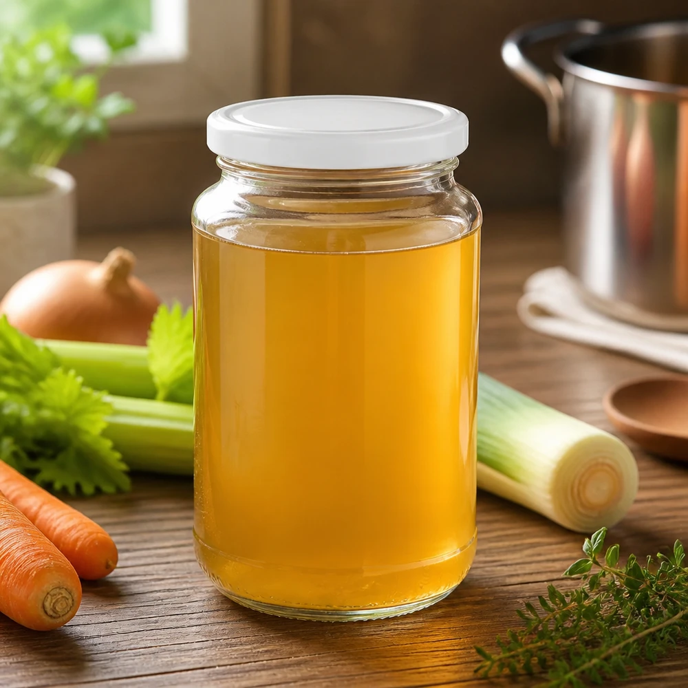 Vaso di vetro rotondo da 320 ml + BasicSeal bianco UNiTWIST Brodo di pollo fatto in casa in un barattolo di vetro rotondo UNiTWIST da 320 ml con coperchio BasicSeal bianco su base in legno