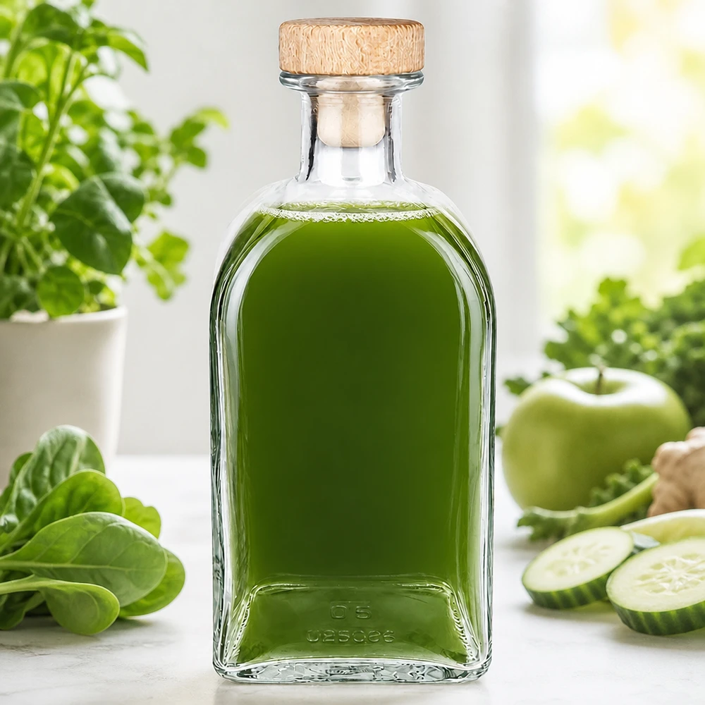 Bottiglia in vetro Julia da 500 ml con tappo in legno riempita di frullato verde circondato da verdure ed erbe fresche