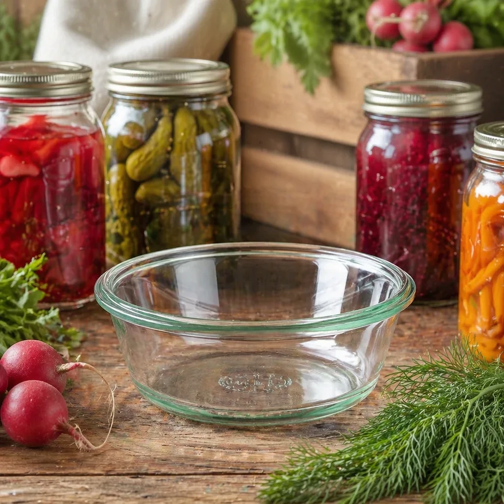 WECK RR120 vaso gourmet da 300 ml in una cucina rustica con barattoli per la conservazione e verdure fresche come scatto di stile.