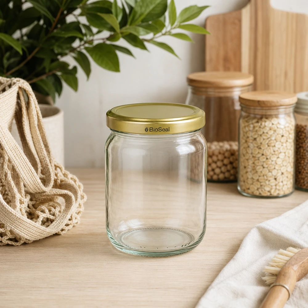 Vasetto per miele da 500 g con capsula dorata BioSeal UNiTWIST Vasetto di miele BioSeal da 500 g vuoto in una cucina sostenibile con vasi di stoccaggio e materiali naturali su un piano di lavoro in legno