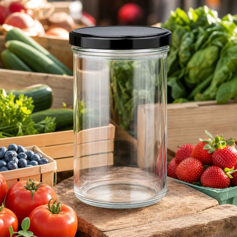 Bicchieri da 277 ml con coperchio BasicSeal nero UNiTWIST. Bicchieri da 277 ml vuoti trasparenti con coperchio nero circondati da frutta e verdura fresche Conservazione