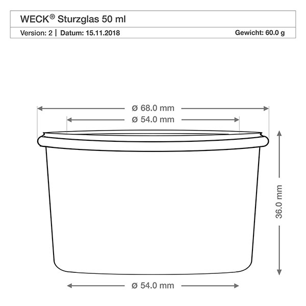 Set di 12 barattoli Weck da 80 ml con 12 coperchi in vetro WECK 50ml tumblers RR60 disegno tecnico con dimensioni - diametro 68mm, altezza 36mm per vasetti di conservazione