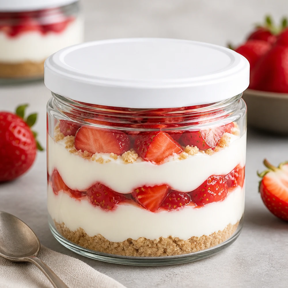 Barattolo rotondo da 540 ml con coperchio BasicSeal bianco UNiTWIST Bicchiere rotondo bianco BasicSeal da 540 ml come bicchiere da dessert con tiramisù alla fragola - elegante bicchiere da porzione per dessert