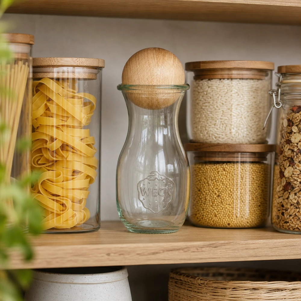 Bottiglia in vetro WECK 290ml RR60 con sfera in faggio in dispensa organizzata tra barattoli per la pasta e contenitori di stoccaggio