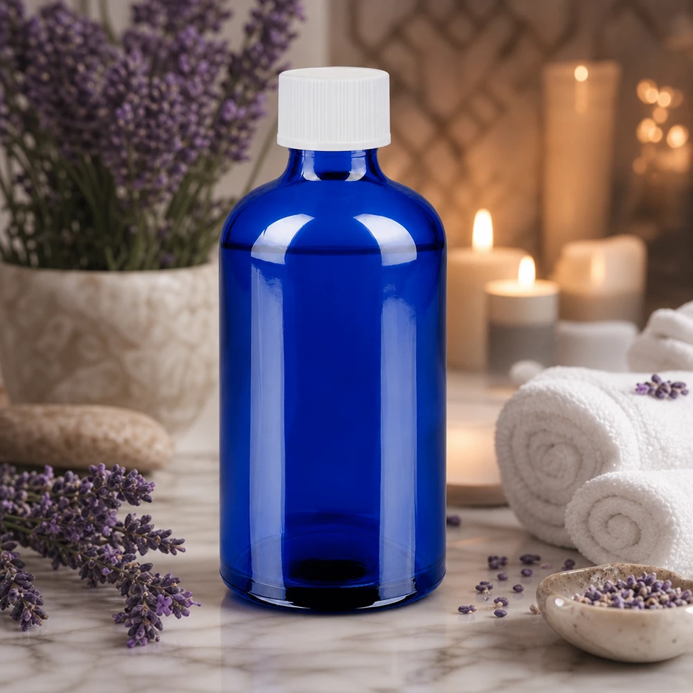 Bottiglia da 100ml 11mm SV bianco STD BlueLine UT18/100 Bottiglia di vetro per la protezione dalla luce 100ml blu con tappo bianco stretto contro i raggi UV