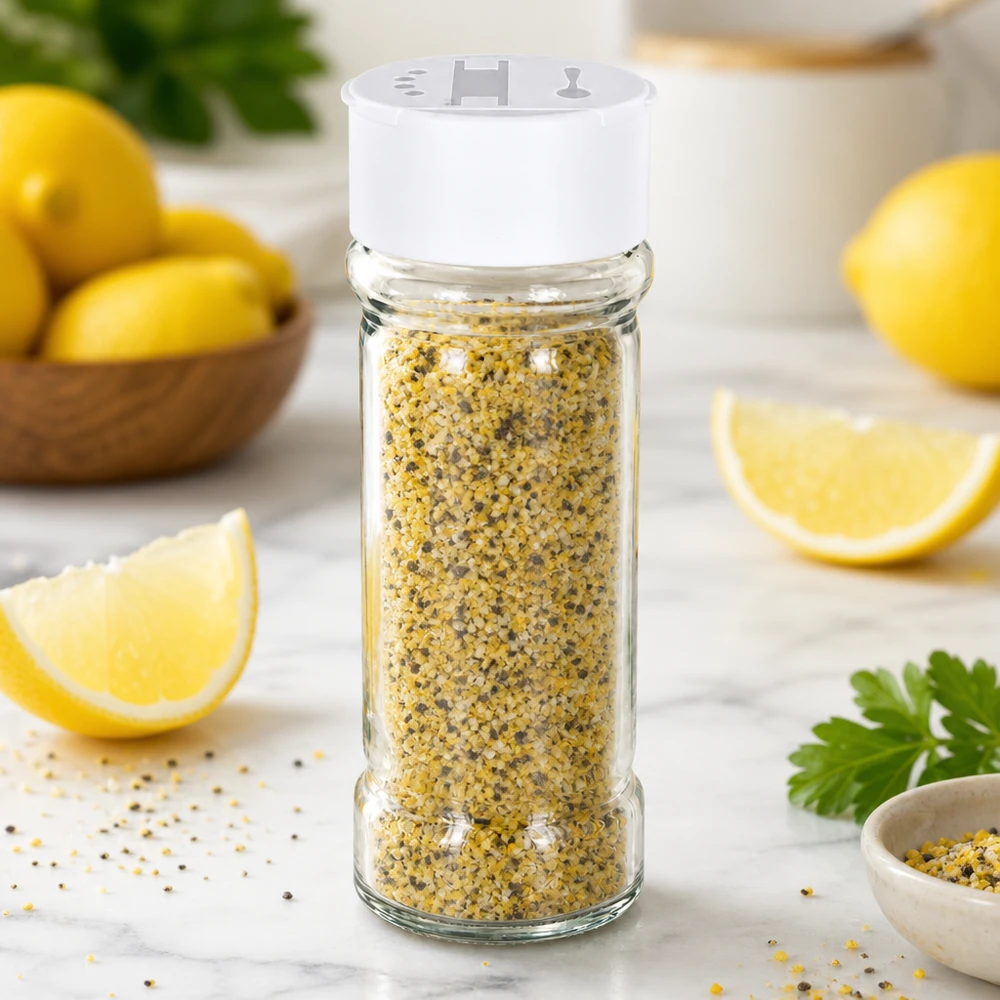 Barattolo per spezie da 100 ml con doppio dosatore bianco, contenente pepe al limone accanto a limoni freschi