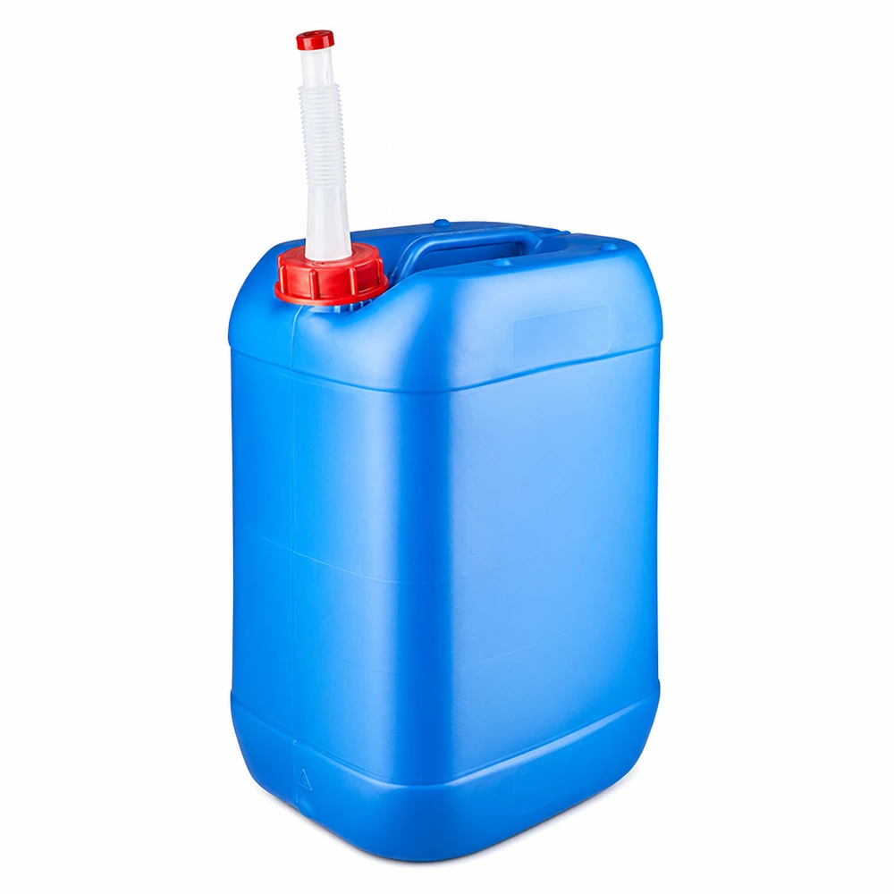 Tanica 25 litri blu con tubo di uscita Flex Tanica in plastica blu da 25 litri con tappo a vite rosso e beccuccio flessibile bianco