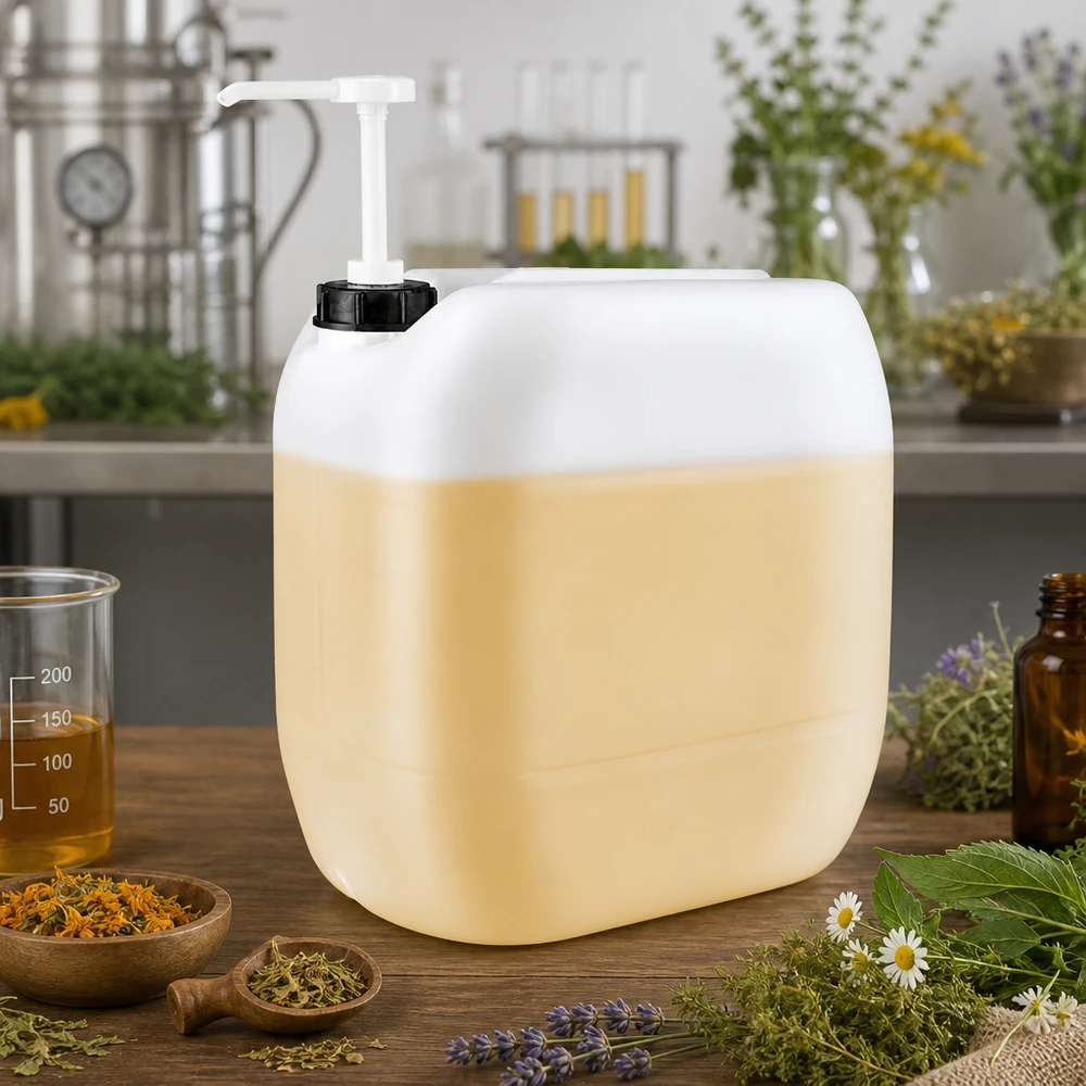 Tanica semitrasparente da 30 litri contenente un liquido color crema e dotata di una pompa dosatrice bianca
