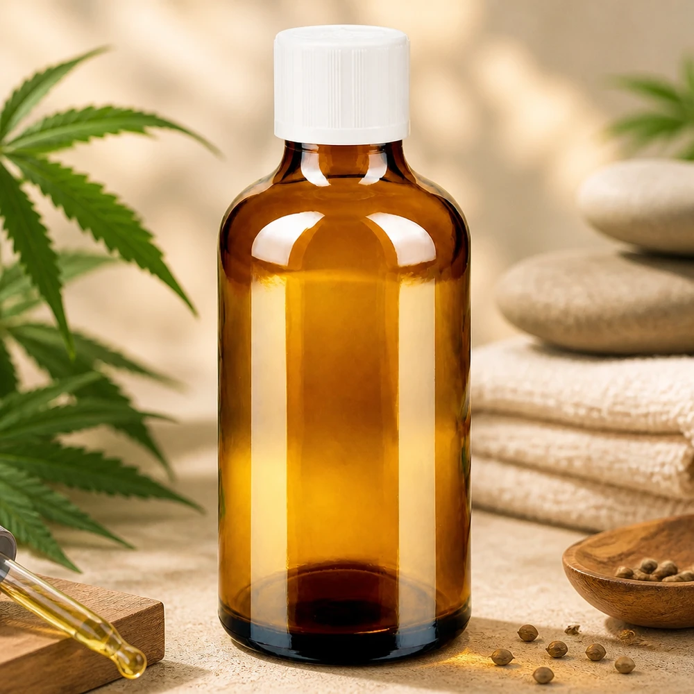 Flacone da 50 ml in vetro ambrato con tappo bianco KiSi accanto a una pianta di cannabis e a pietre terapeutiche