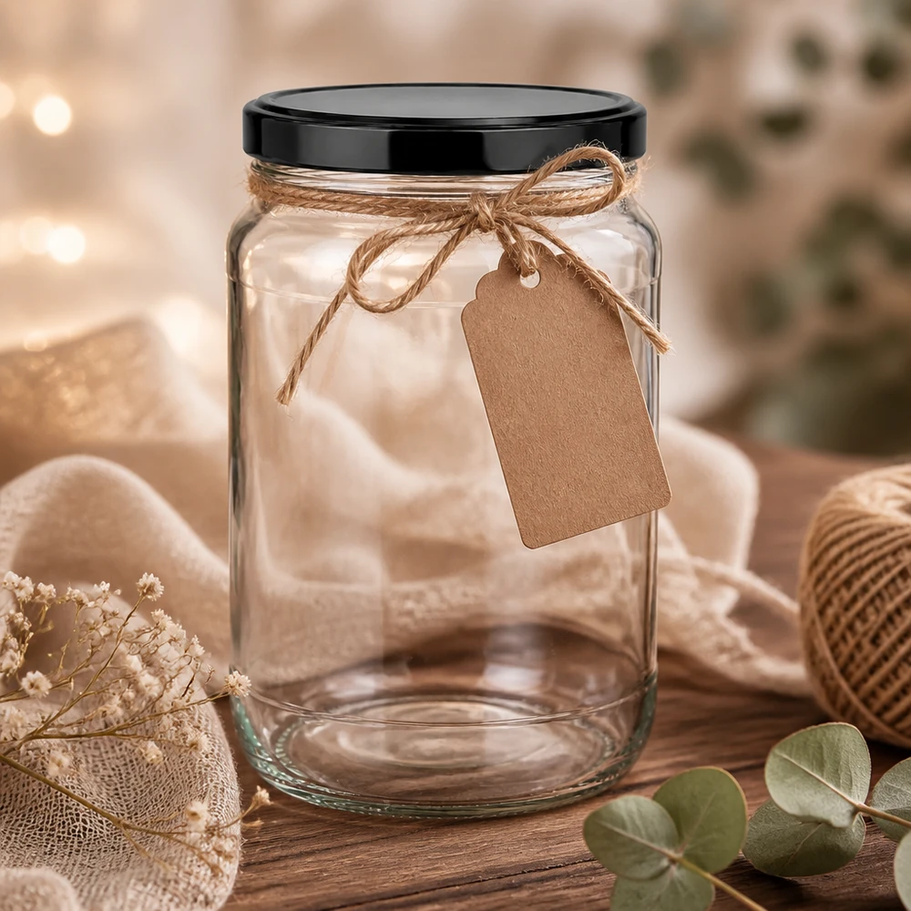Barattolo rotondo da 1700 ml con coperchio BasicSeal nero UNiTWIST. Vaso rotondo vuoto 1700ml nero BasicSeal coperchio rafia stringa carta kraft tag confezione regalo decorazione