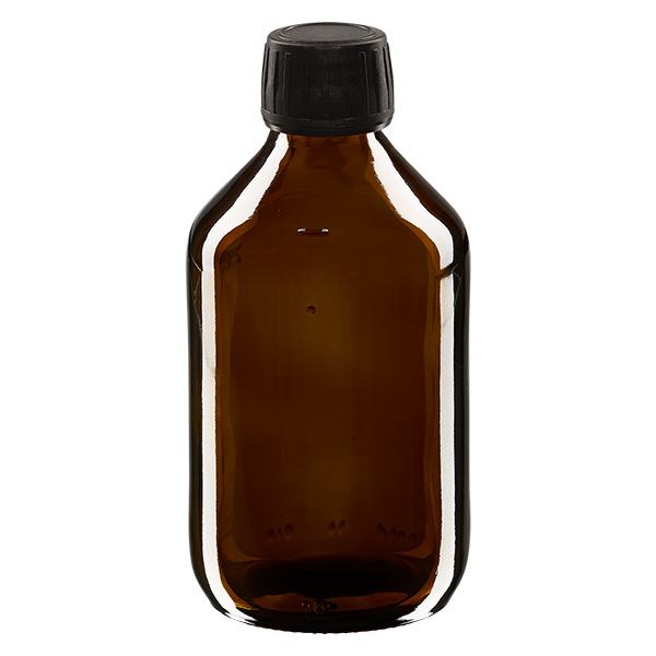 Flacone per medicinali da 250 ml, marrone, tappo nero con tappo originale Flacone per medicinali da 250 ml, marrone, tappo nero con tappo originale
