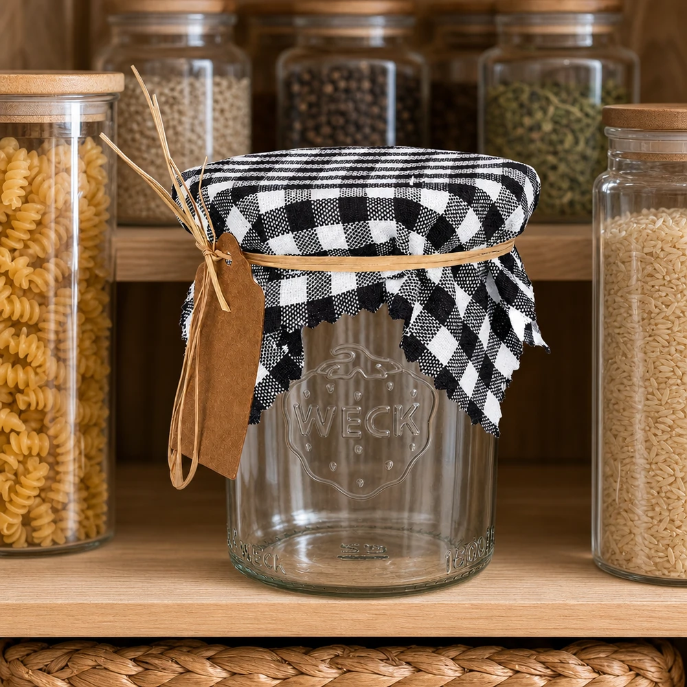 Centrino decorativo a scacchi in bianco e nero 12cm su barattolo di stoccaggio tra contenitori per la pasta, decorazione da cucina in stile country