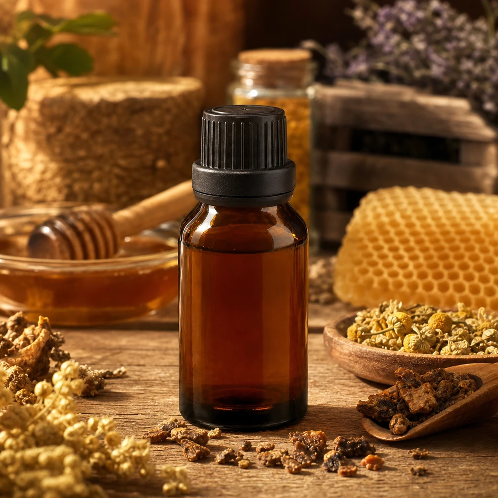 Bottiglia di vetro marrone da 30 ml con tappo a vite nero, decorata con favi di miele ed erbe aromatiche