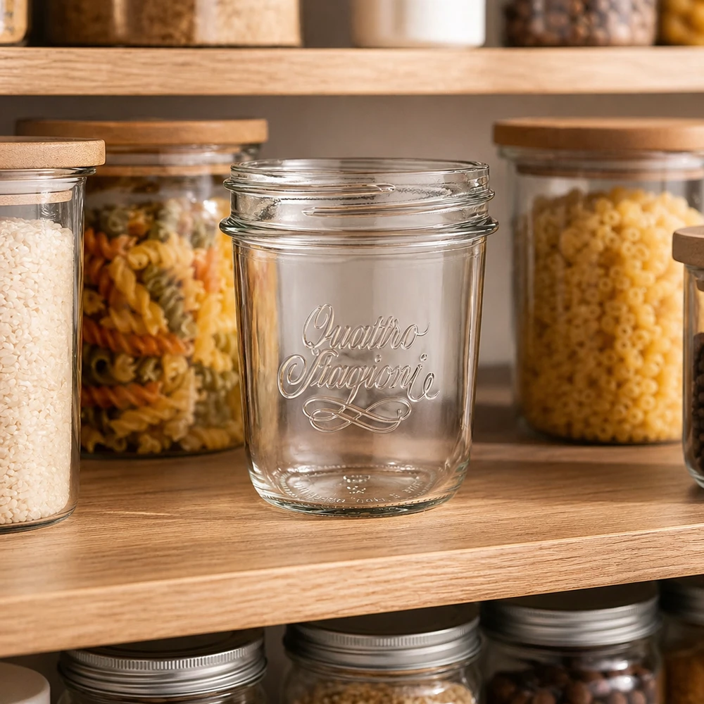 Bicchieri "Quattro Stagioni" da 320 ml QS86mm 320ml Quattro Stagioni Sturzglas mit elegantem Logo auf Holzregal zwischen gefüllten Vorratsgläsern für Küche und Pantry