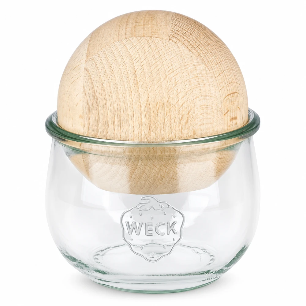 WECK vaso a tulipano 580ml RR100 con palla di legno come coperchio, vaso per conserve con coperchio di legno per cucina e conservazione