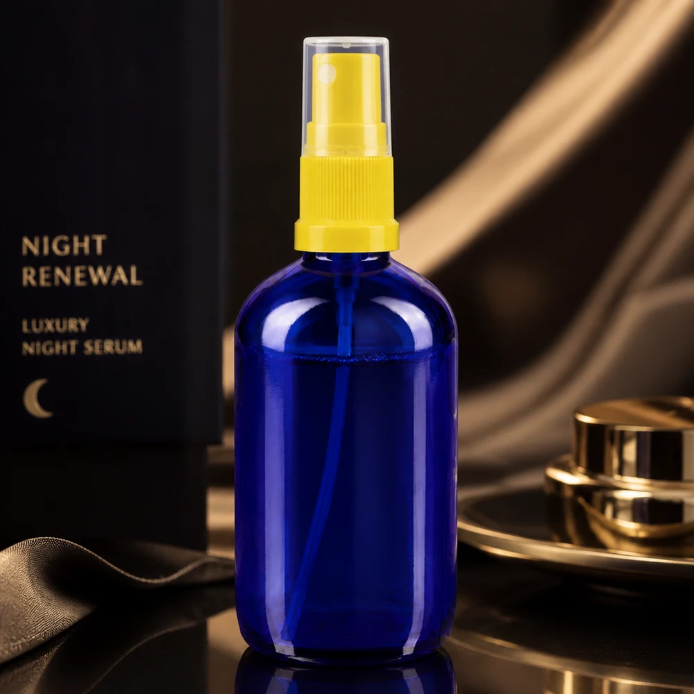 Flacone da 100 ml blu con attacco a spruzzo giallo/trasparente apoGlas Flacone spray in vetro da farmacia blu da 100 ml con erogatore a pompa giallo, per sieri e cosmetici