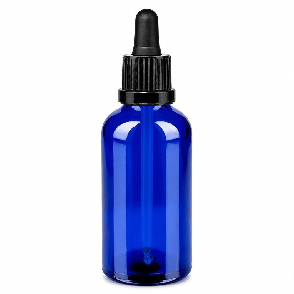 Flacone per pipette da 50ml nero OV BlueLine UT18/50 Flacone da 50 ml in vetro blu con pipetta nera - OV BlueLine UT18/50 per oli essenziali