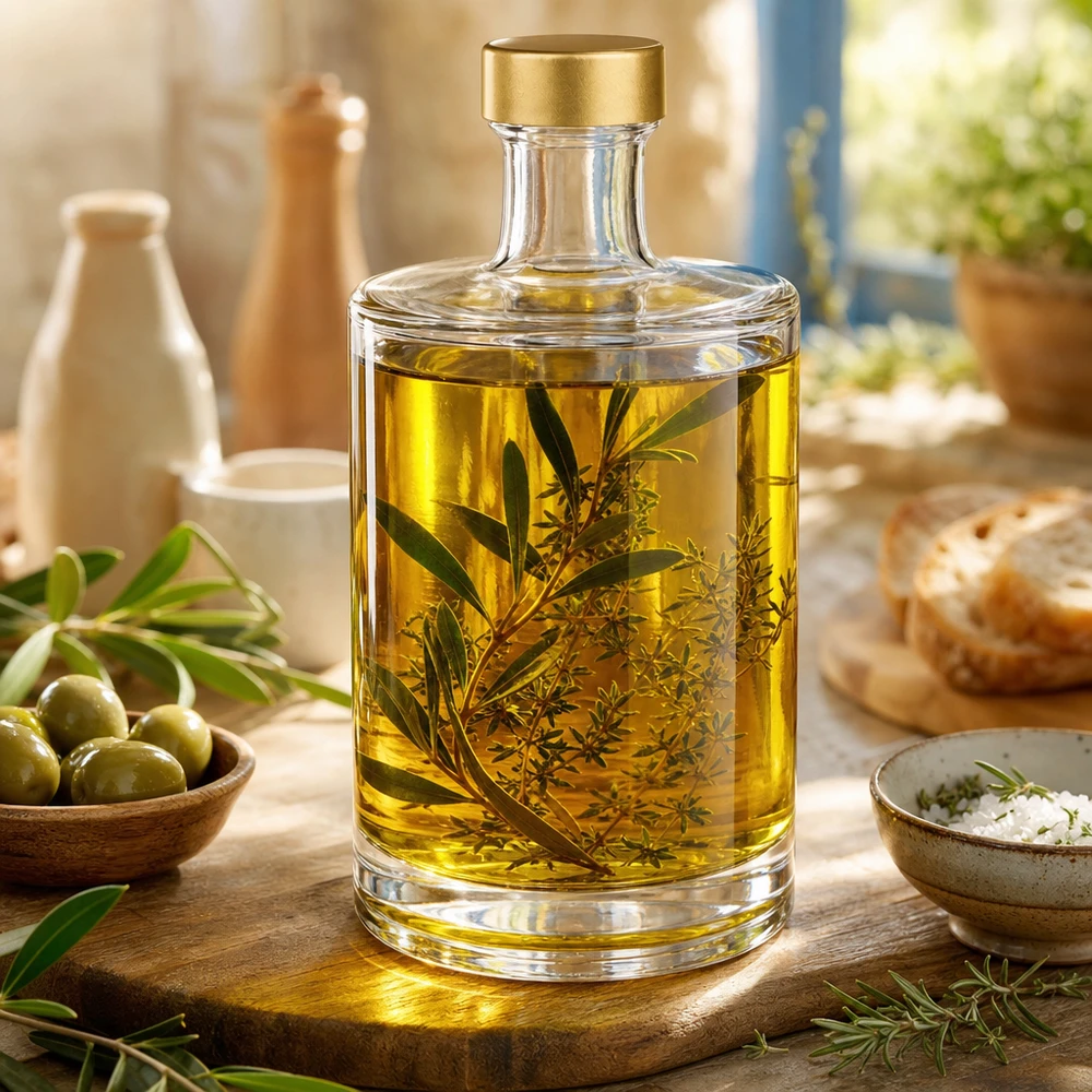 Bottiglia in vetro da 500 ml Sam + tappo a vite dorato UNiTWIST® 500ml Glasflasche Sam mit Olivenöl und Kräutern befüllt goldener UNiTWIST Verschluss mediterrane Küche Oliven Salz