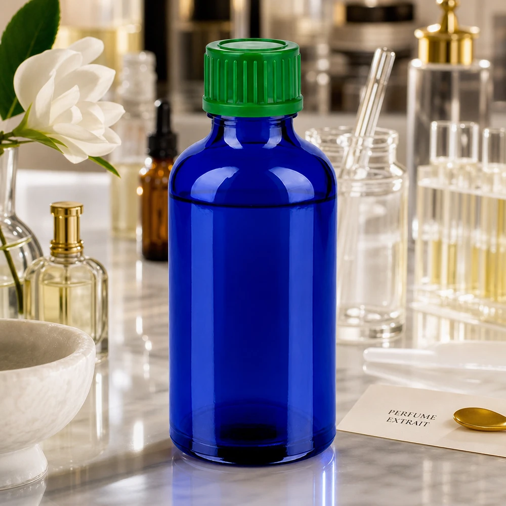 Flacone da 50ml 11mm SV verde STD BlueLine UT18/50 Elegante flacone blu da 50 ml con tappo a vite verde ideale per cosmetici fai da te e prodotti naturali