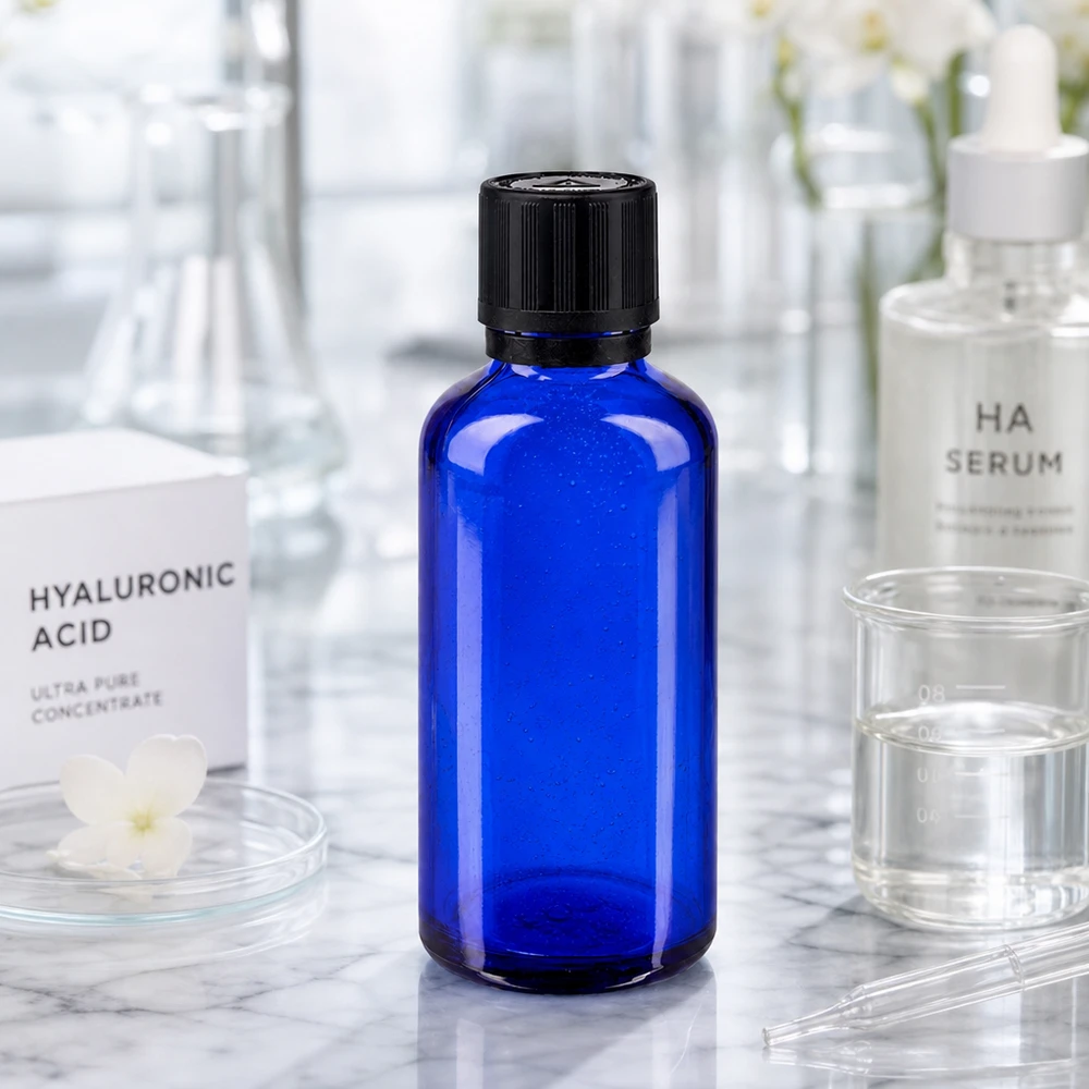 Contagocce blu da 50 ml. OV KiSi Bli nero/1mm ApoGlas Flacone da farmacia blu da 50 ml con contagocce accanto a prodotti a base di acido ialuronico in un ambiente di laboratorio