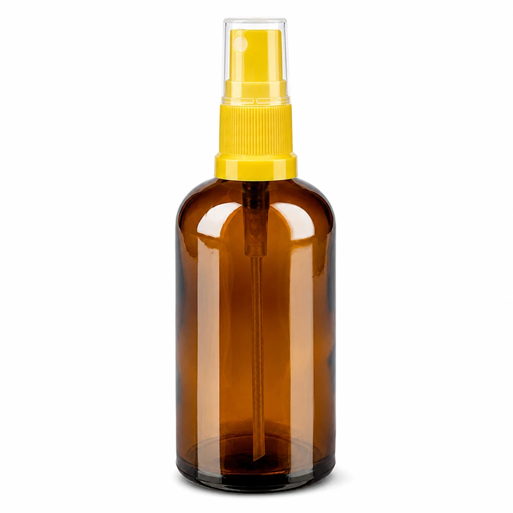 Flacone spray da 100 ml giallo/trasparente STD BrownLine UT18/100 Flacone spray in vetro di alta qualità marrone da 100 ml con testina gialla per la protezione dai raggi UV