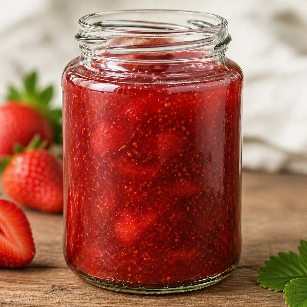 UNiTWIST Runda382 - Barattolo rotondo capacità 382ml TO66 Bicchiere rotondo da 382 ml TO66 riempito di marmellata di fragole rosse accanto a fragole fresche su un tavolo di legno