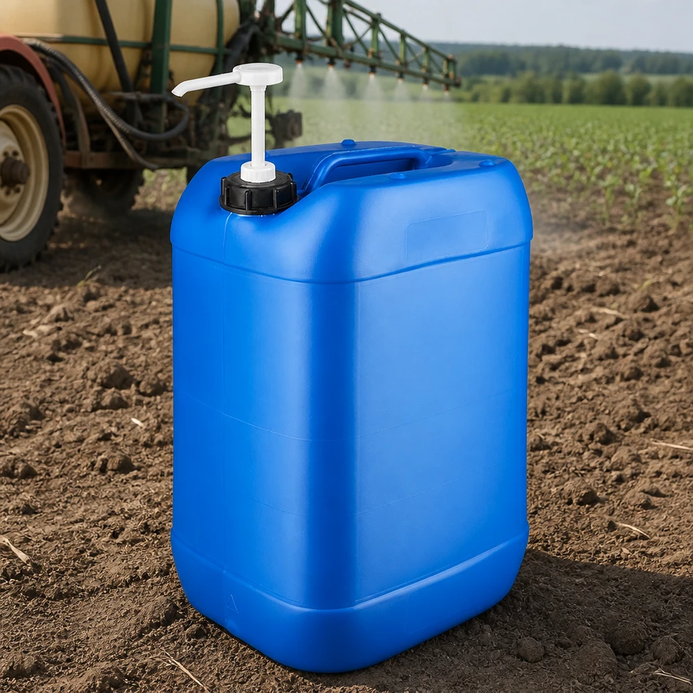 Tanica 25 litri blu con pompa dosatrice Tanica da campo blu da 25 litri con pompa dosatrice su un terreno agricolo, davanti a un irroratore in azione