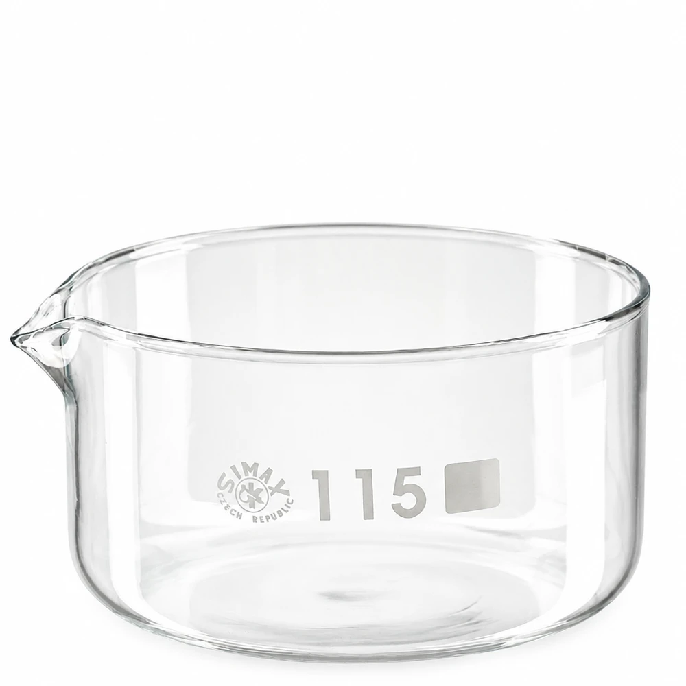 Vaschetta di cristallizzazione da 500 ml in vetro borosilicato con beccuccio e fondo piatto, diametro 115 mm