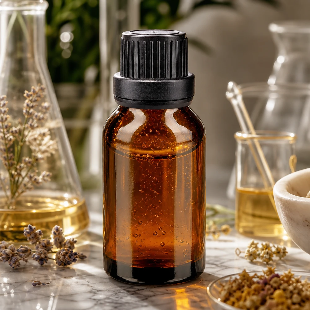 Bottiglia da farmacia marrone da 30ml. SV OV nero/11mm ApoGlas Flacone di vetro marrone da 30 ml con tappo a vite nero, tra fiori secchi e un mortaio