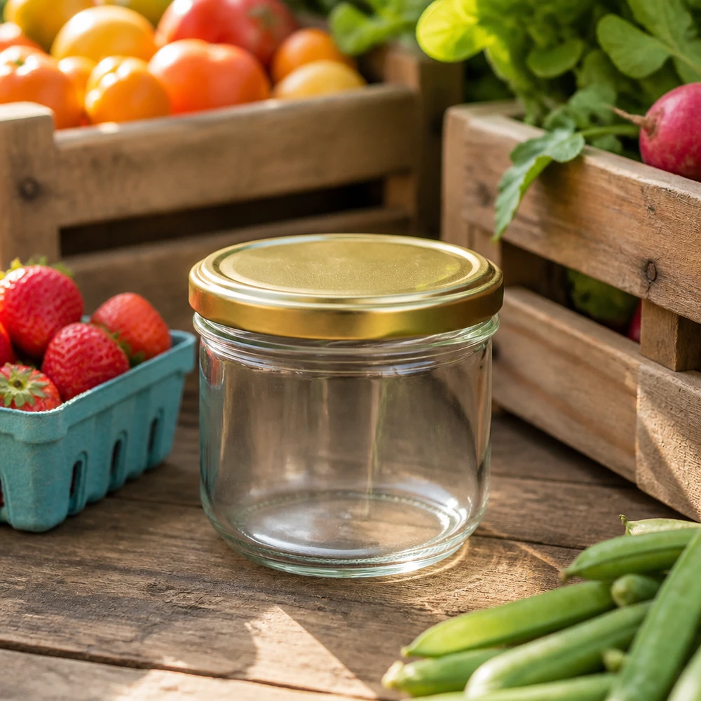 Bicchieri da 260 ml con coperchio BasicSeal oro UNiTWIST I tumbler BasicSeal oro UNiTWIST da 260 ml tra frutta e verdura fresca mostrano l'idoneità per i vasi di conservazione