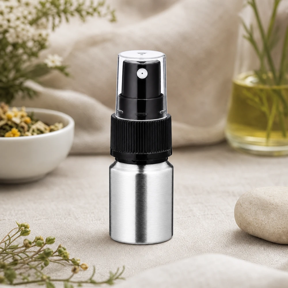 Flacone da 10 ml in alluminio lucido con atomizzatore Flacone igienico in alluminio da 10 ml con spruzzatore a pompa - proprietà antibatteriche grazie all'alluminio