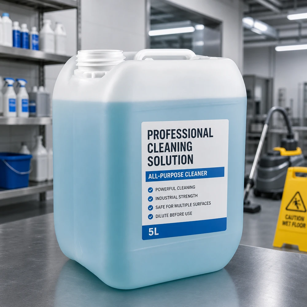 Tanica da 5 litri senza tappo Tanica blu da 5 litri senza tappo contenente una soluzione detergente professionale su un tavolo in acciaio inossidabile