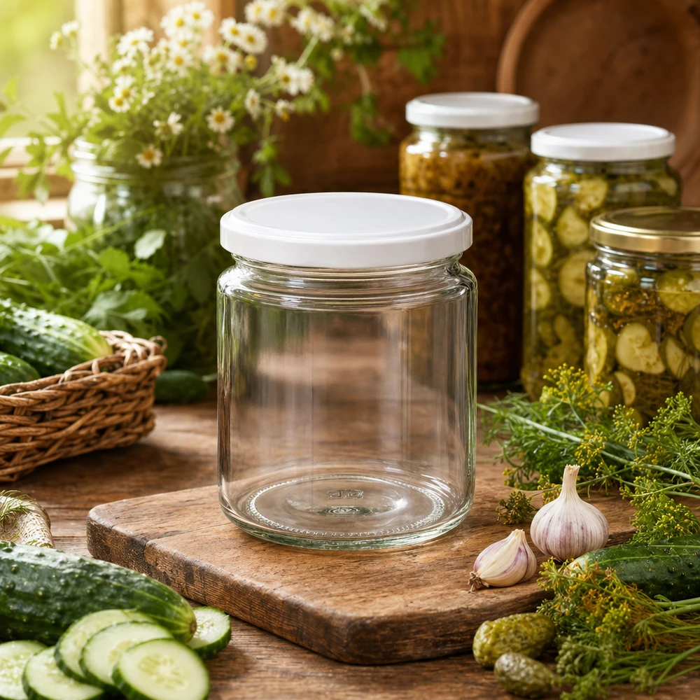 Vasetto per miele da 350 g con capsula bianca BasicSeal UNiTWIST Vasetto di miele da 250 ml vuoto con coperchio BasicSeal bianco in una cucina rustica per conserve tra cetrioli, aglio e aneto