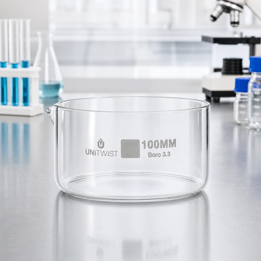 Piatto per cristallizzazione ø100mm in vetro borosilicato UNiTWIST Vaschetta di cristallizzazione UNiTWIST da 100 mm in vetro borosilicato in laboratorio con microscopio e provette