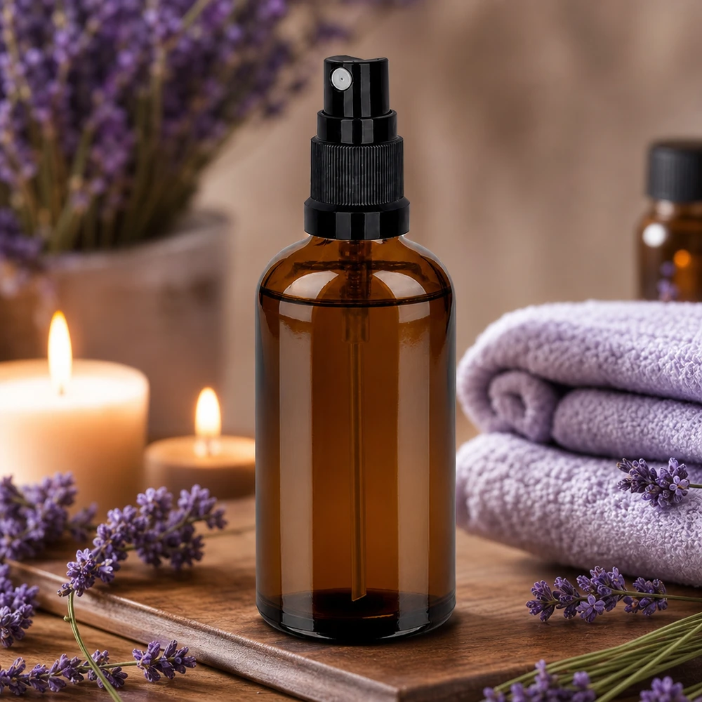 Flacone spray da 100 ml nero STD BrownLine UT18/100 Flacone spray in vetro ambrato da 100 ml con nebulizzatore nero, ideale per cosmetici e prodotti per la cura fai da te