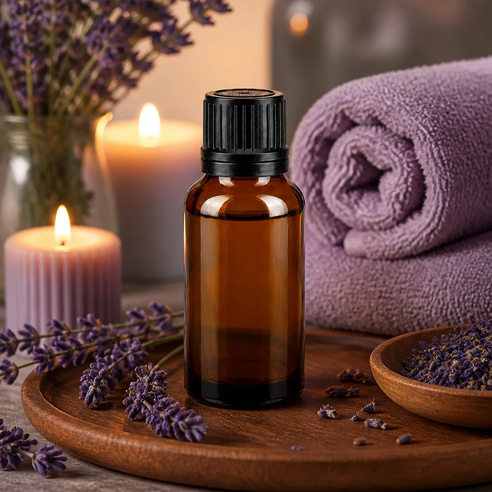 Flacone da 20 ml in vetro ambrato con tappo OV nero, circondato da fiori di lavanda e candele