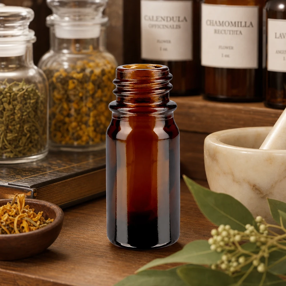 Flacone da farmacia marrone ApoGlas da 5 ml con vasetti per erbe e mortaio per rimedi naturali e tinture