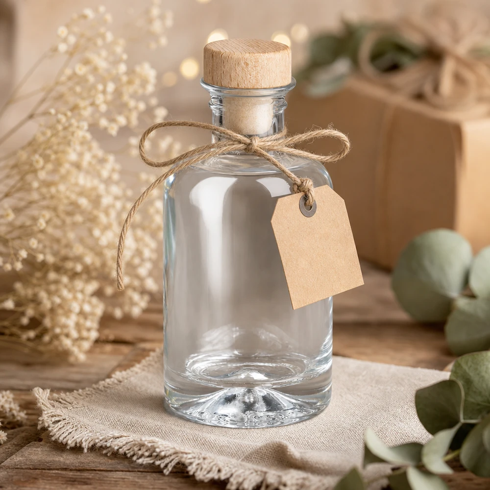 Flacone farmaceutico da 100 ml Sofia con tappo in sughero con impugnatura in legno UNiTWIST® Bottiglia da 100 ml in vetro Sofia con tappo in legno vuoto in regalo con etichetta in carta kraft e nastro di iuta decorazione rustica