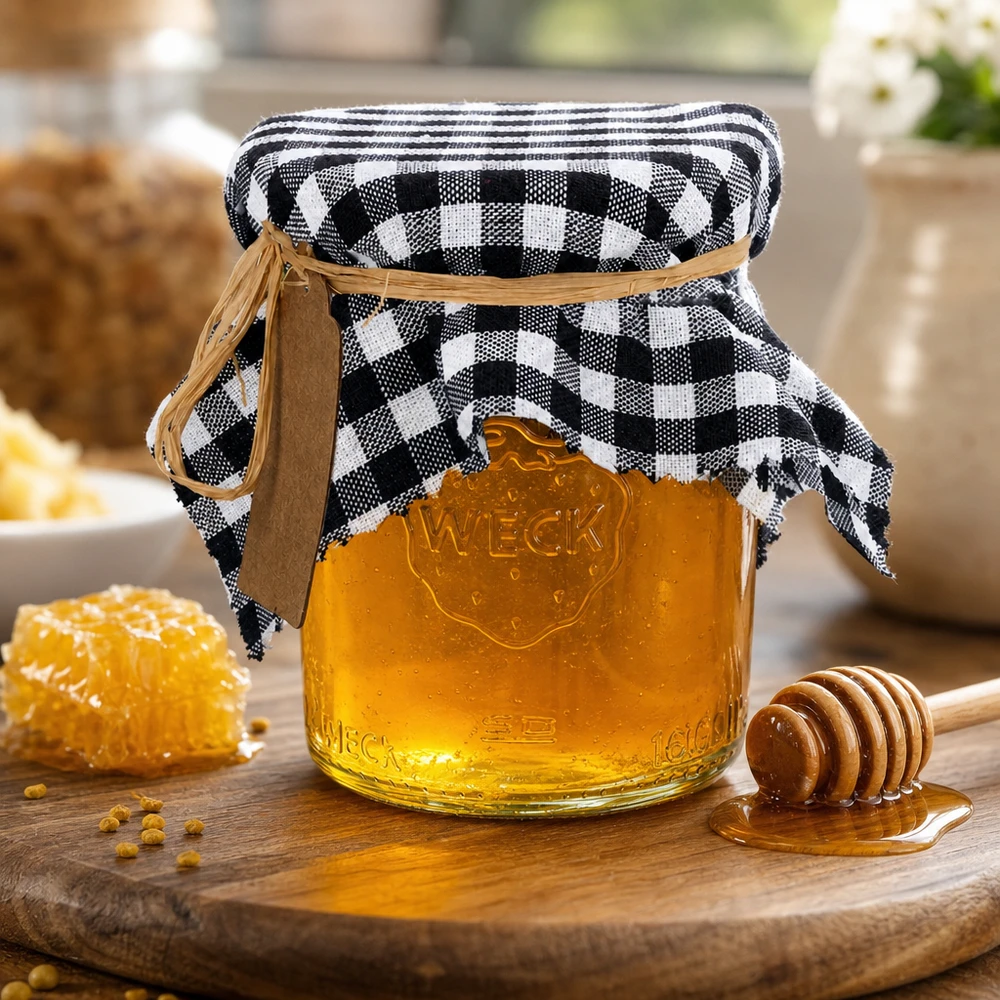Pane al miele con coperchio decorativo a scacchiera su un barattolo e nido d'ape su una tavola di legno decorazione da cucina rustica