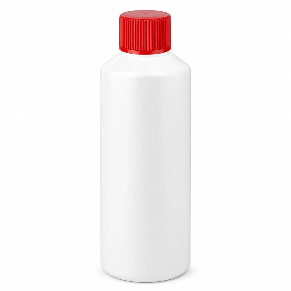 Flacone bianco a testa tonda da 100 ml in plastica HDPE con tappo a vite rosso
