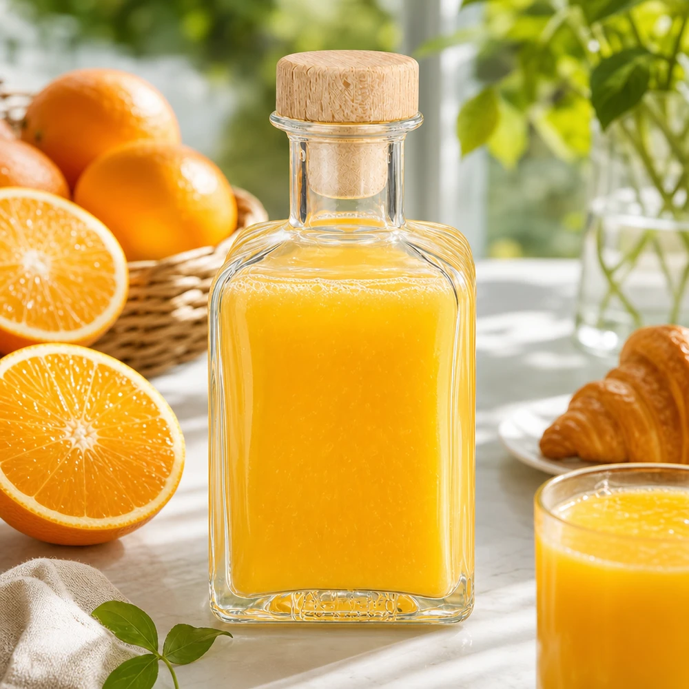 Flacone farmaceutico da 200 ml Clara con tappo in sughero con impugnatura in legno UNiTWIST® Bottiglia di vetro Clara da 200 ml riempita di succo d'arancia decorazione con tappo di legno cucina arance fresche colazione styling