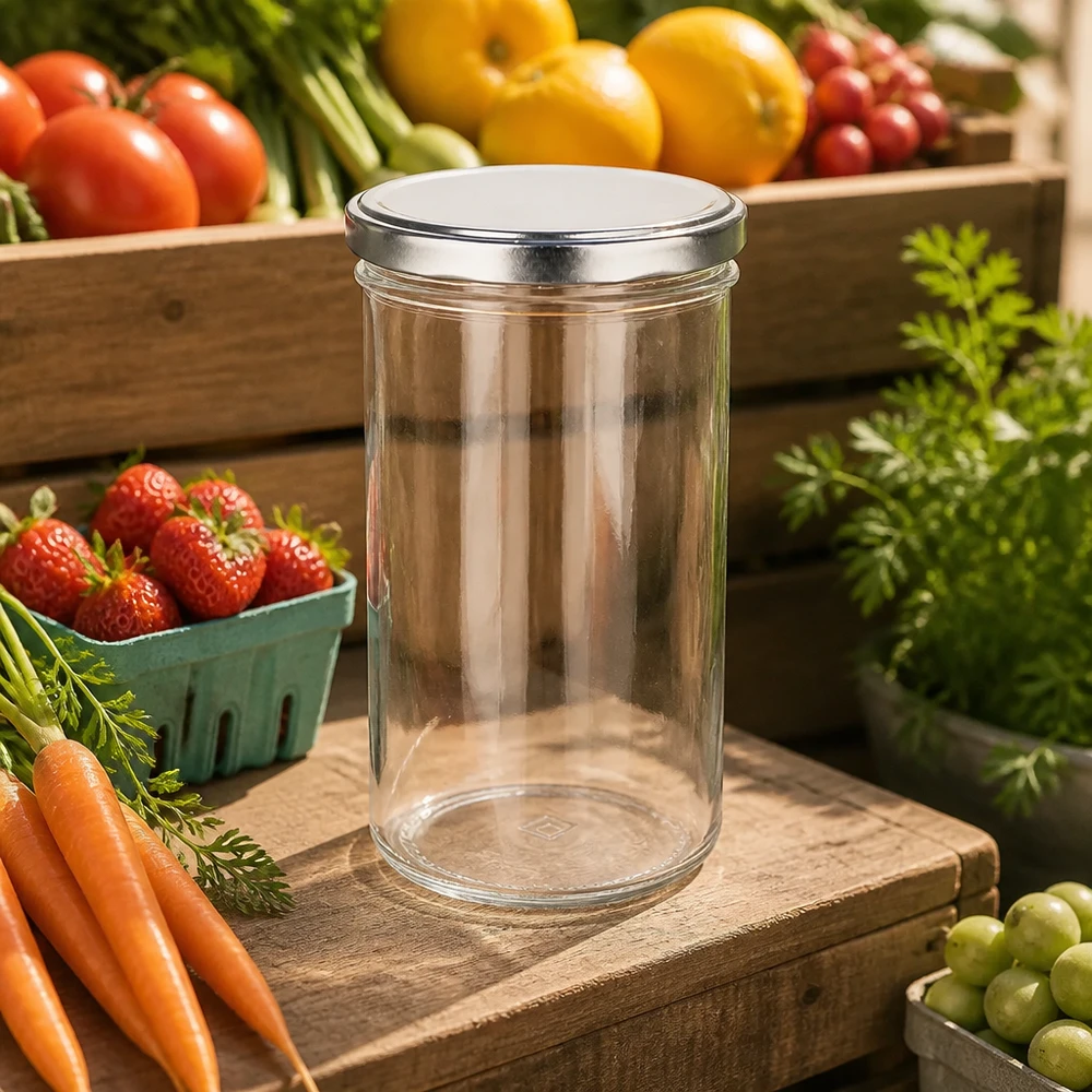 Bicchieri da 277 ml con coperchio BasicSeal argento UN.. Bicchieri da 277 ml con coperchio BasicSeal argento tra frutta e verdura fresca ambiente cucina naturale