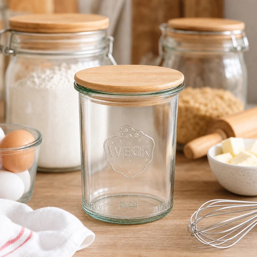 WECK 160ml RR60 mason jar con coperchio in legno in una cucina rustica tra ingredienti da forno e utensili da cucina